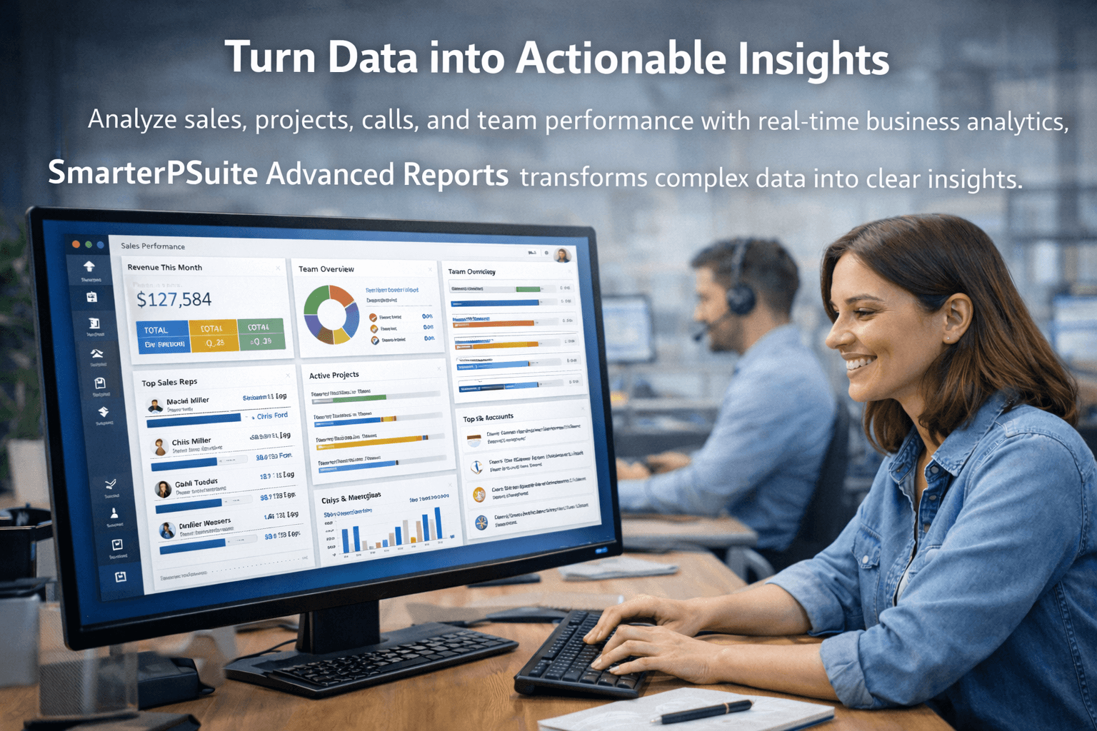 SmarterPSuite Advanced Reports Dashboard showing analytics, charts, and insights