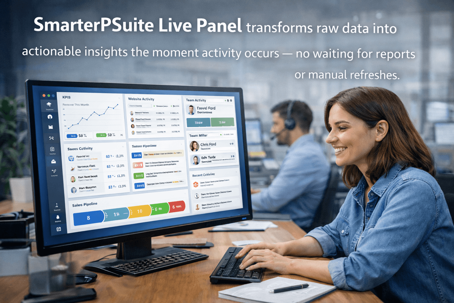 SmarterPSuite Live Panel Dashboard showing real-time KPIs, call monitoring, team activity, and business metrics