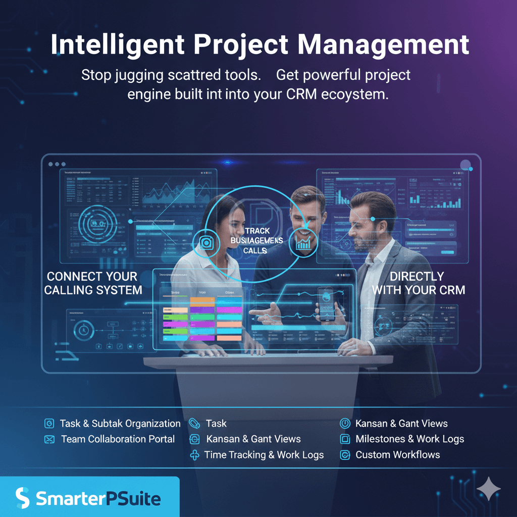 SmarterPSuite Project Management showing Kanban board with tasks, team assignments, and progress tracking