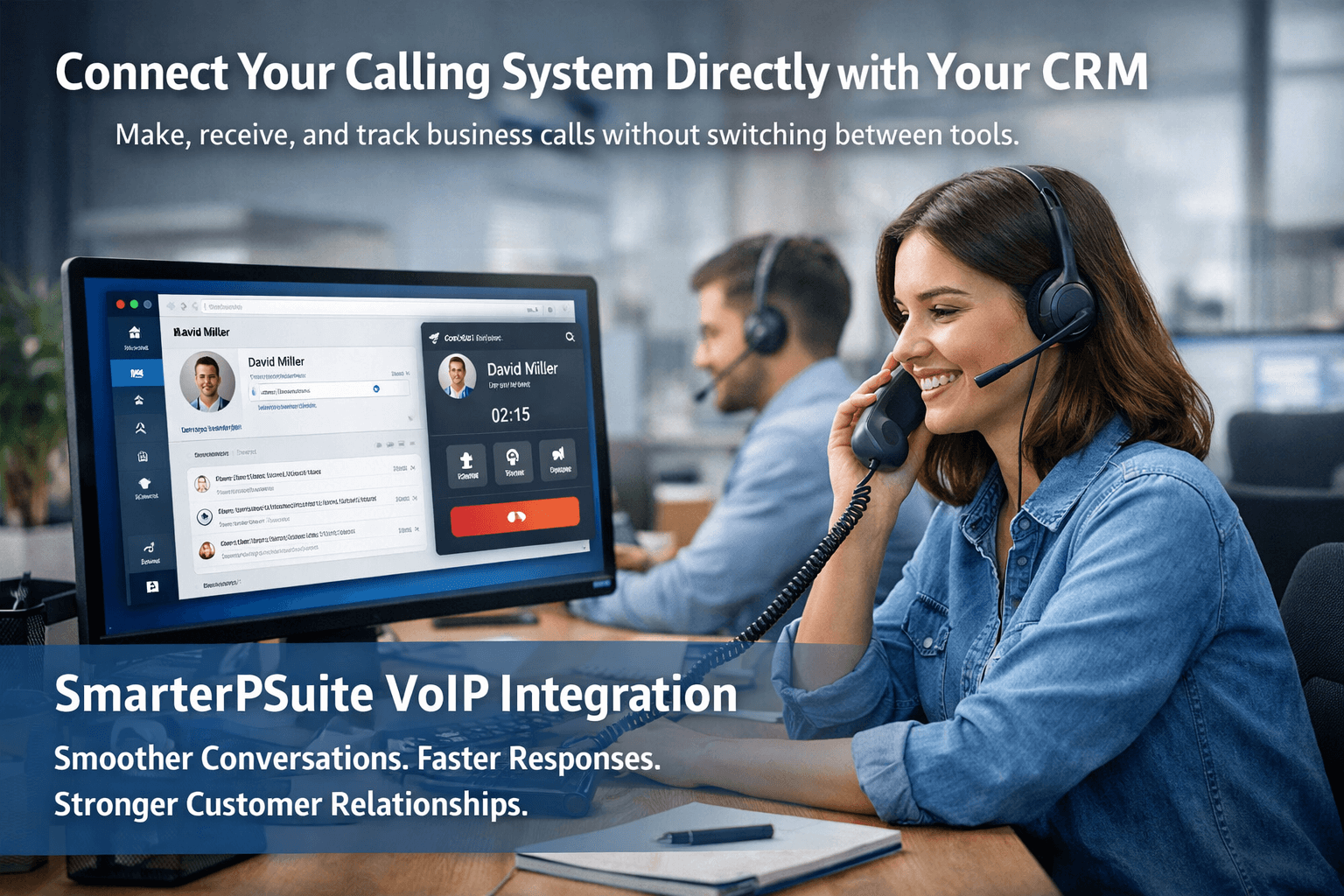 SmarterPSuite VoIP Integration Dashboard showing click-to-call, call logging, and CRM integration features