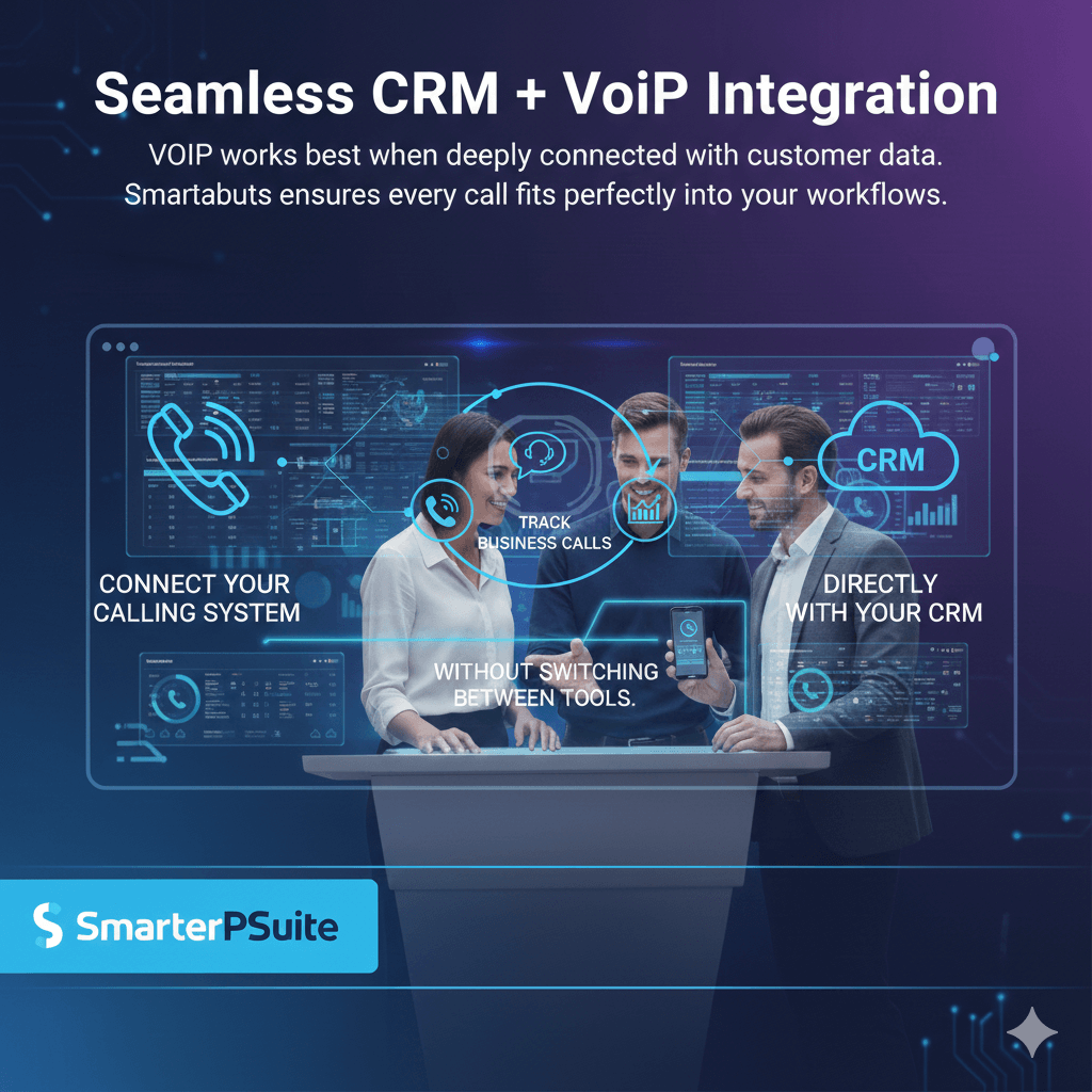 CRM dashboard showing VoIP integration with call history, contact details, and real-time analytics
